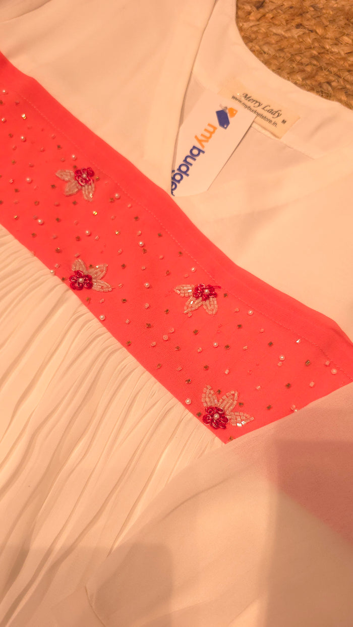 White shaded georgette A-line kurti with handworked yoke MBS-803 ** ready to dispatch** **last piece clearance sale**