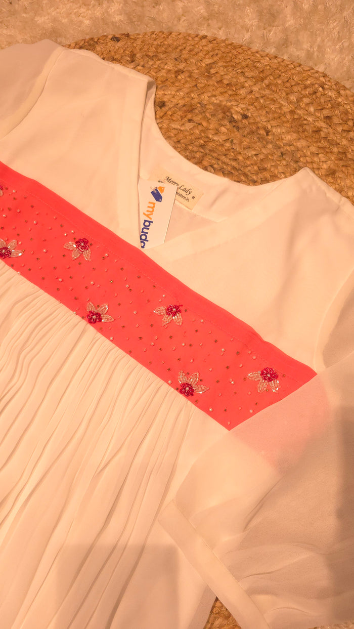 White shaded georgette A-line kurti with handworked yoke MBS-803 ** ready to dispatch** **last piece clearance sale**