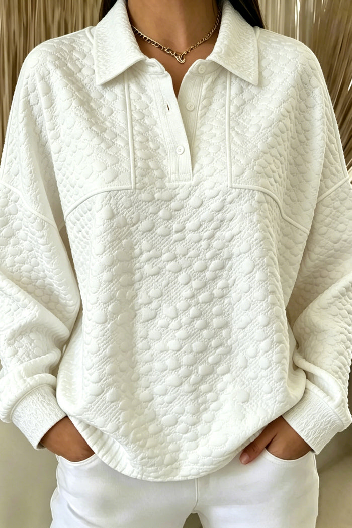 White Solid Color Textured Relaxed Button Collar Pullover Sweatshirt Shewin
