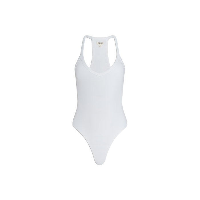The Wrenna Racerback Bodysuit is a white one-piece swimsuit featuring a racerback design, scoop neckline, and high-cut legs crafted from rib fabric, displayed against a plain white background.