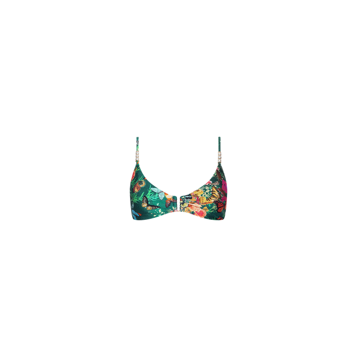 The Yazmin Bikini Top features a butterfly floral print, thin adjustable straps, and a central decorative gold hardware clasp, shown on a plain white background.