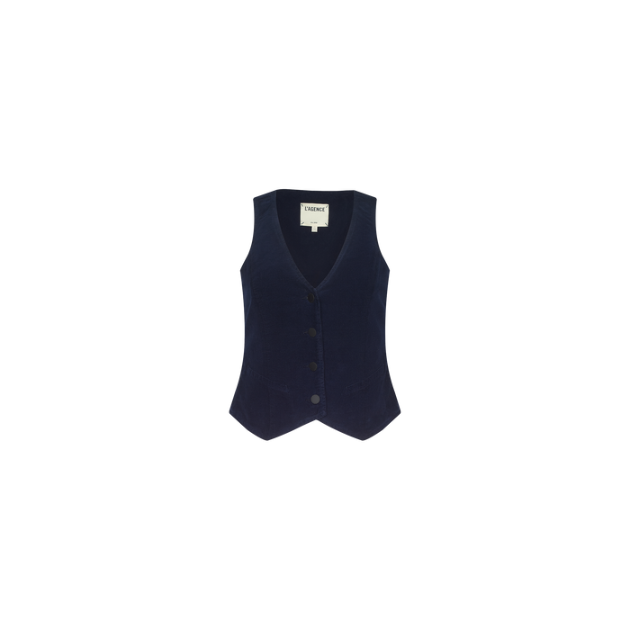 Introducing the Yelena Vest: a navy blue, sleeveless corduroy vest featuring a V-neckline, tailored fit, and an interior collar label. Crafted from stretch corduroy for enhanced comfort and style, it is shown against a plain white background.