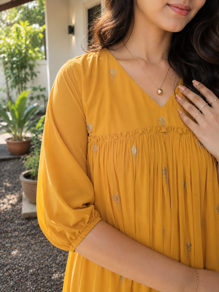 Yellow georgette Aline kurti with zari thread floral embroidery detailings MBS-1346 **Ready to dispatch**