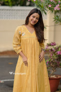 Yellow mul chanderi kurti/dress with floral thread worked yoke and sleeves MBS-838