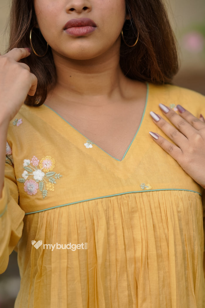 Yellow mul chanderi kurti/dress with floral thread worked yoke and sleeves MBS-838