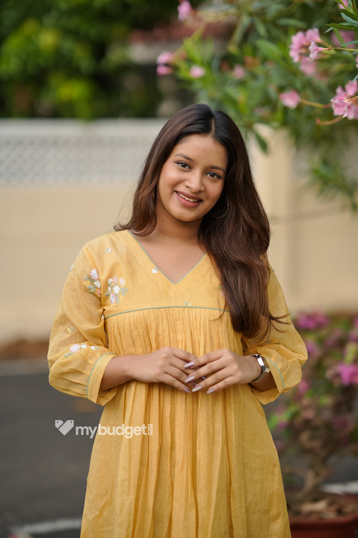 Yellow mul chanderi kurti/dress with floral thread worked yoke and sleeves MBS-838