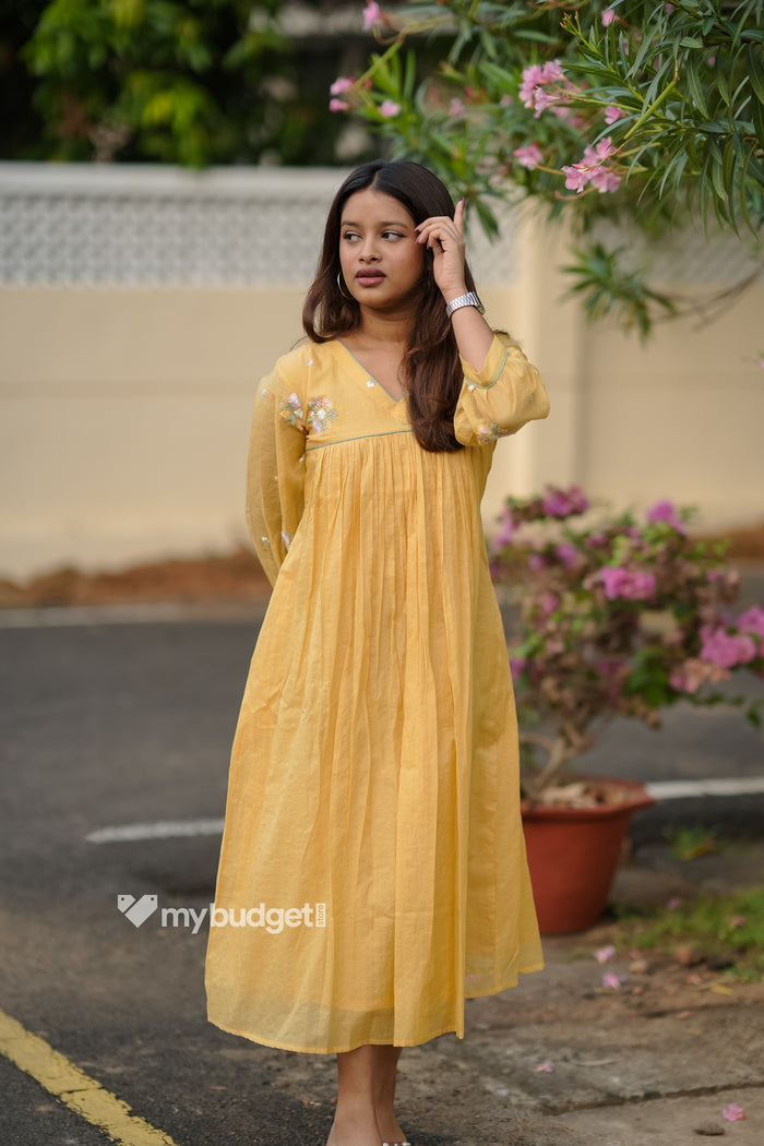 Yellow mul chanderi kurti/dress with floral thread worked yoke and sleeves MBS-838