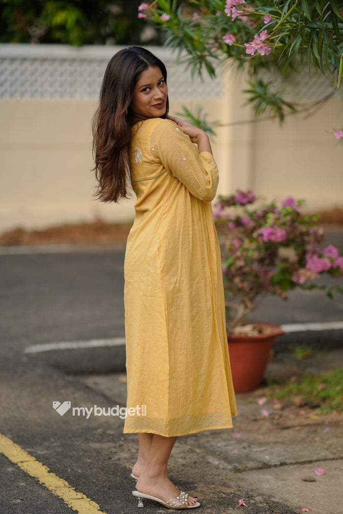 Yellow mul chanderi kurti/dress with floral thread worked yoke and sleeves MBS-838