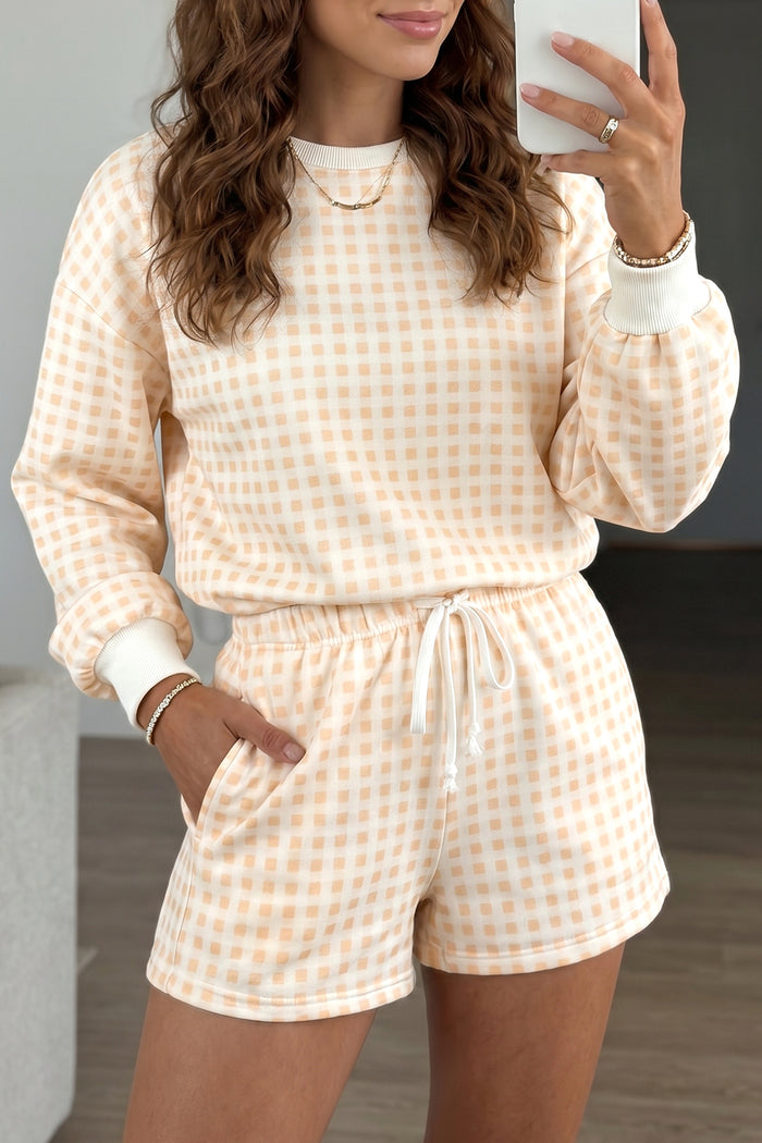 Yellow Plaid Baggy Pullover Drawstring Casual Shorts 2pcs Outfit Shewin