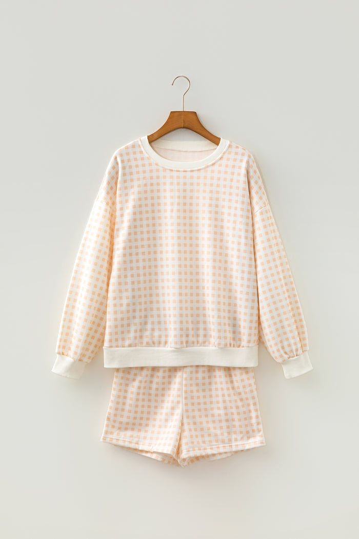 Yellow Plaid Baggy Pullover Drawstring Casual Shorts 2pcs Outfit Shewin