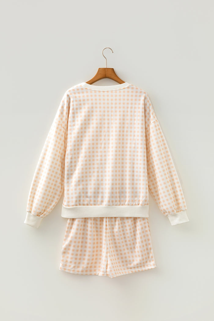 Yellow Plaid Baggy Pullover Drawstring Casual Shorts 2pcs Outfit Shewin