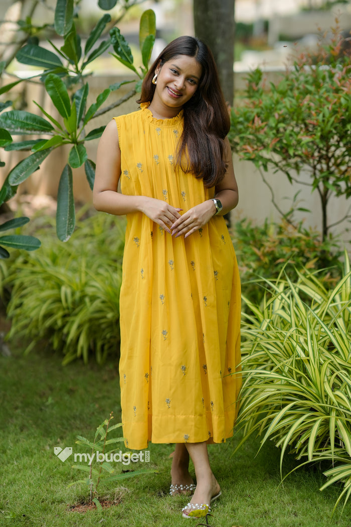 Yellow shaded georgette A-line kurti/dress with frilled neck and floral embroidery detailing MBS-1129