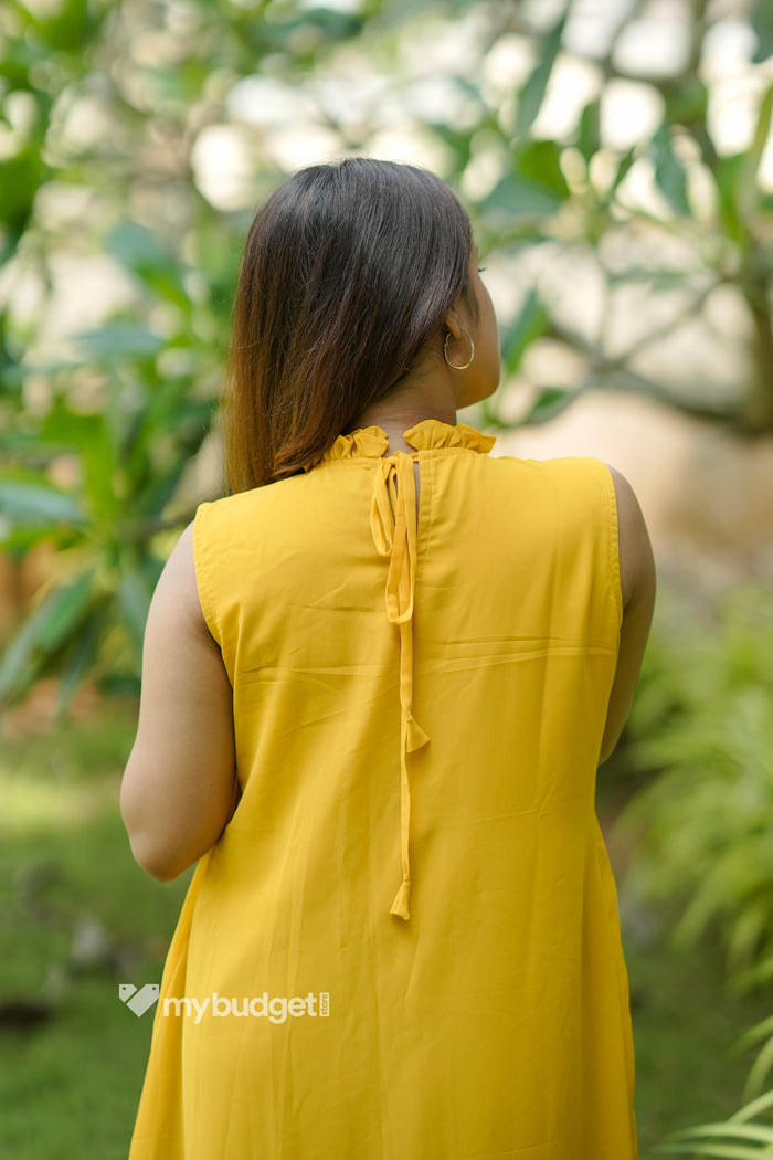 Yellow shaded georgette A-line kurti/dress with frilled neck and floral embroidery detailing MBS-1129