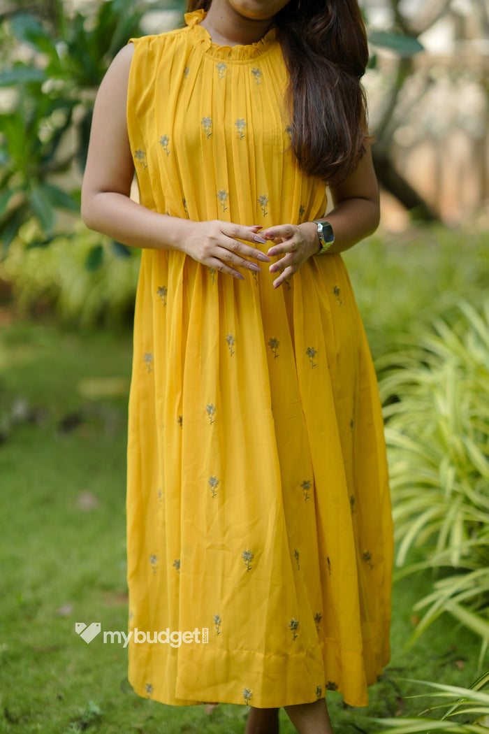 Yellow shaded georgette A-line kurti/dress with frilled neck and floral embroidery detailing MBS-1129
