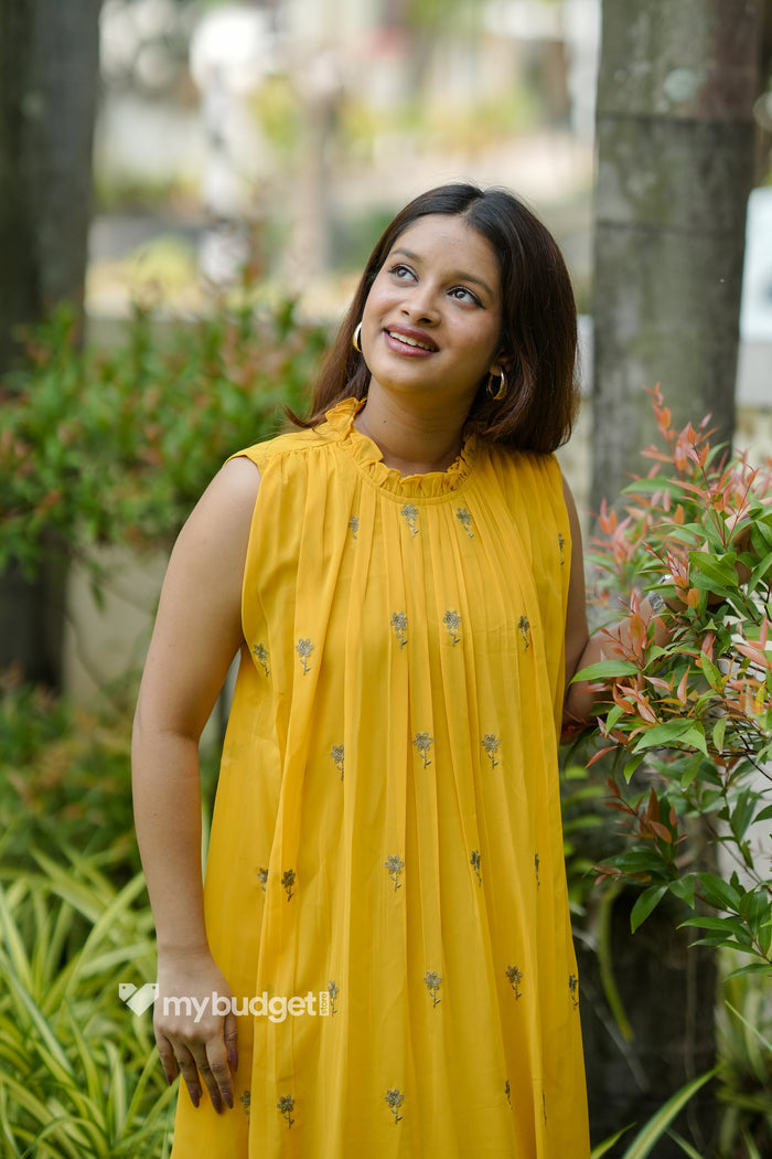 Yellow shaded georgette A-line kurti/dress with frilled neck and floral embroidery detailing MBS-1129