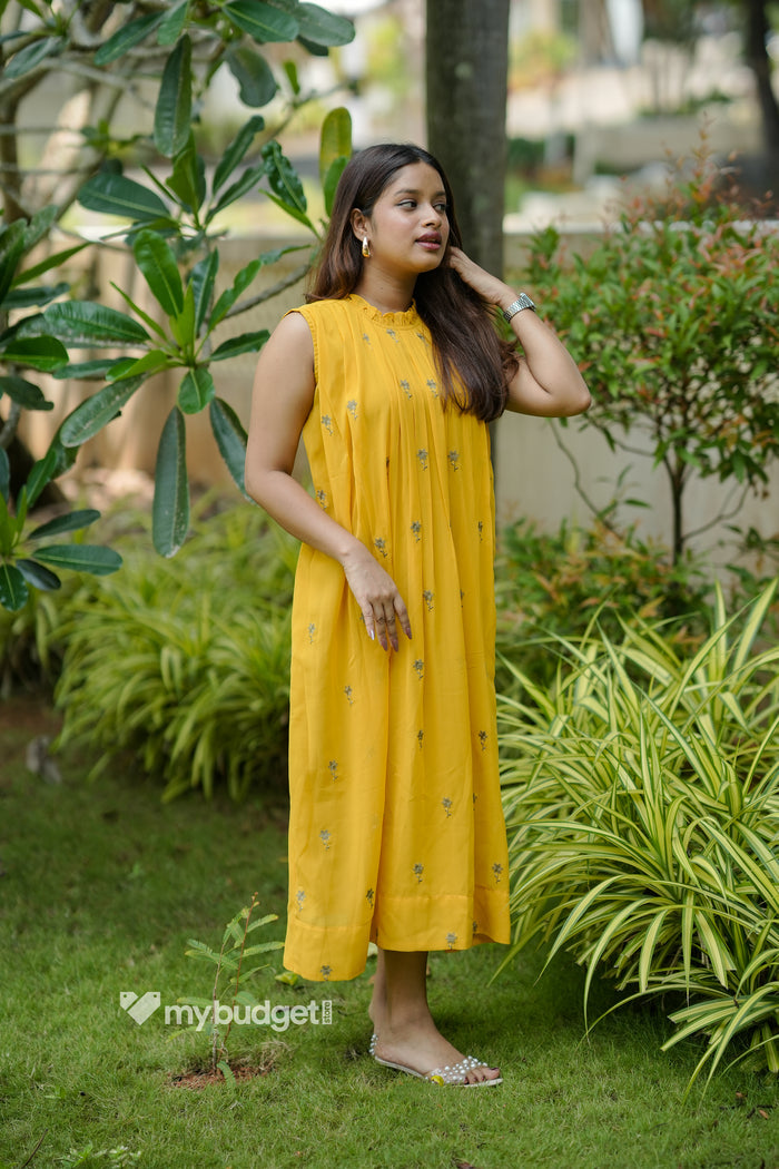 Yellow shaded georgette A-line kurti/dress with frilled neck and floral embroidery detailing MBS-1129