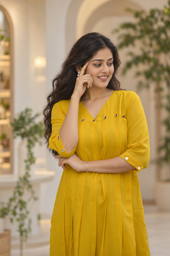 Yellow shaded georgette Aline kurti with mirror handworked yoke and sleeve MBS-775 ** Ready to dispatch ** ** last piece sale**