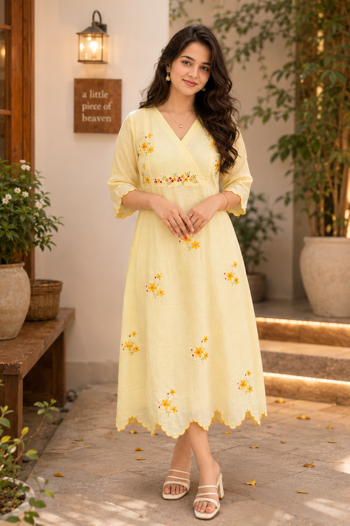 Yellow soft cotton kota checks Aline kurti with floral thread embroidered yoke and scalloped hemline MBS-1284