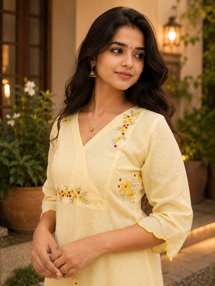 Yellow soft cotton kota checks Aline kurti with floral thread embroidered yoke and scalloped hemline MBS-1284