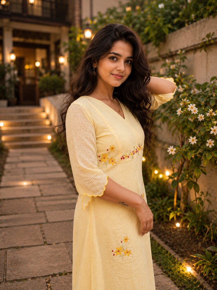 Yellow soft cotton kota checks Aline kurti with floral thread embroidered yoke and scalloped hemline MBS-1284