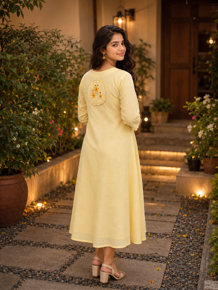 Yellow soft cotton kota checks Aline kurti with floral thread embroidered yoke and scalloped hemline MBS-1284