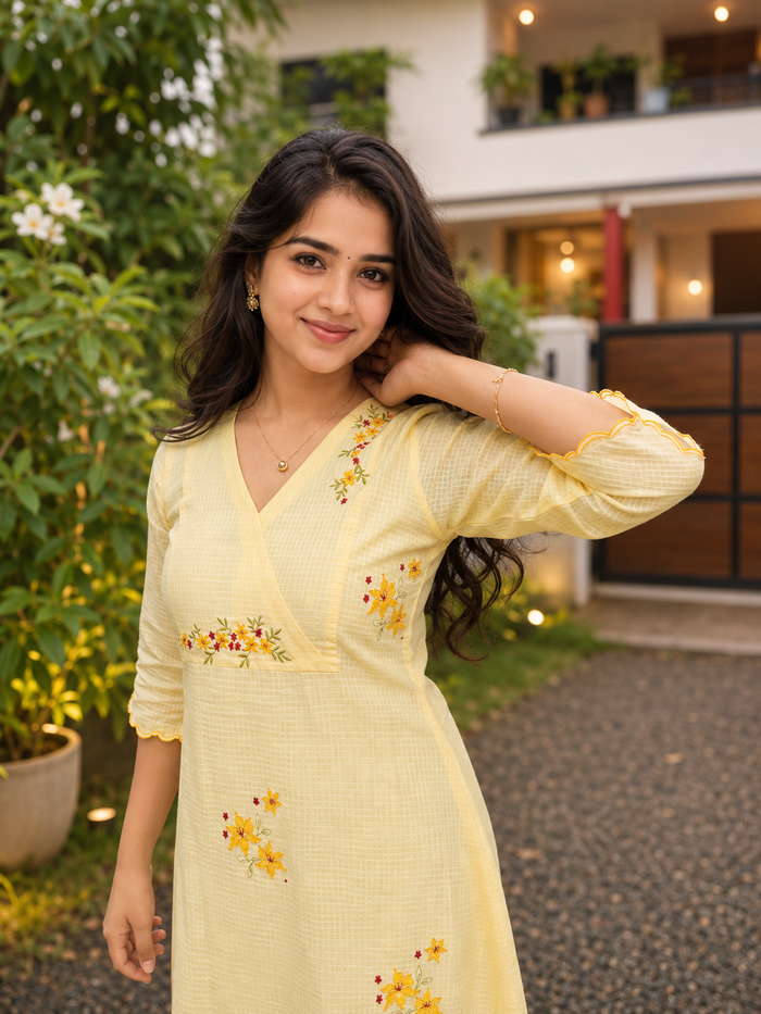 Yellow soft cotton kota checks Aline kurti with floral thread embroidered yoke and scalloped hemline MBS-1284