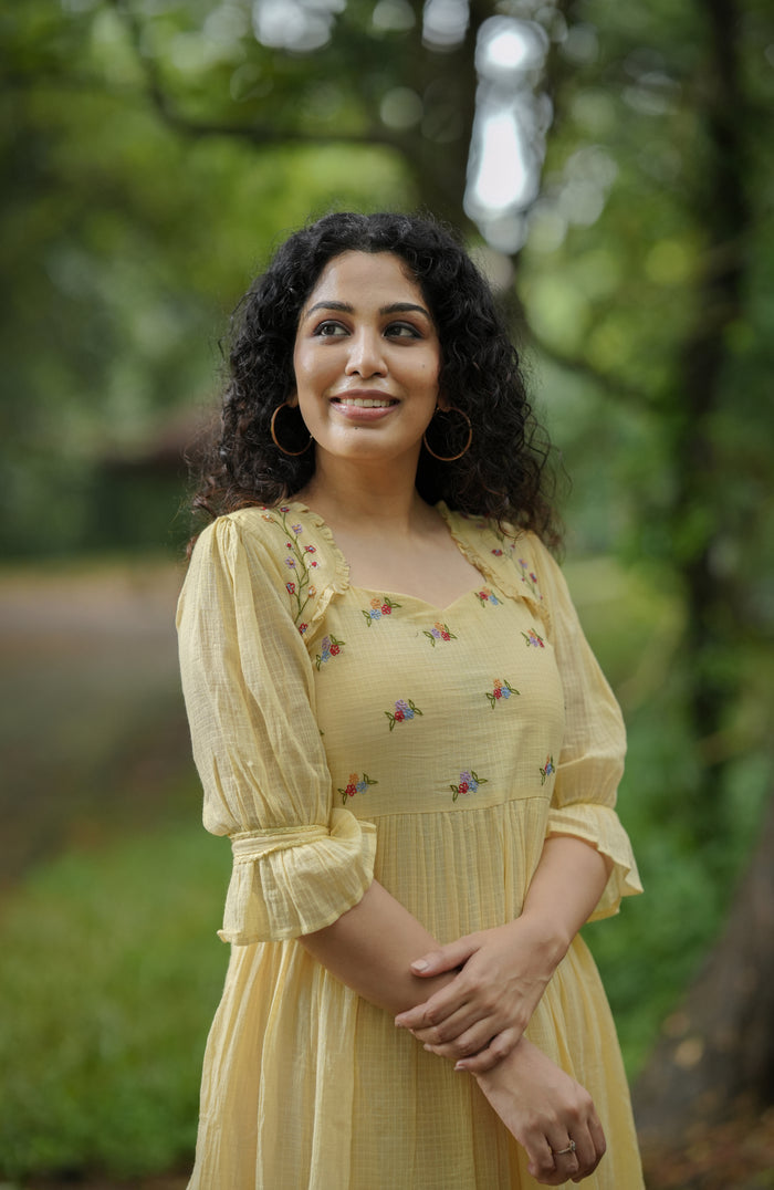 Yellow soft cotton kota checks kurti/dress with multi shaded thread embroidered yoke MBS -641