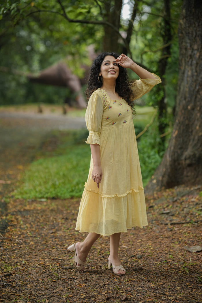 Yellow soft cotton kota checks kurti/dress with multi shaded thread embroidered yoke MBS -641
