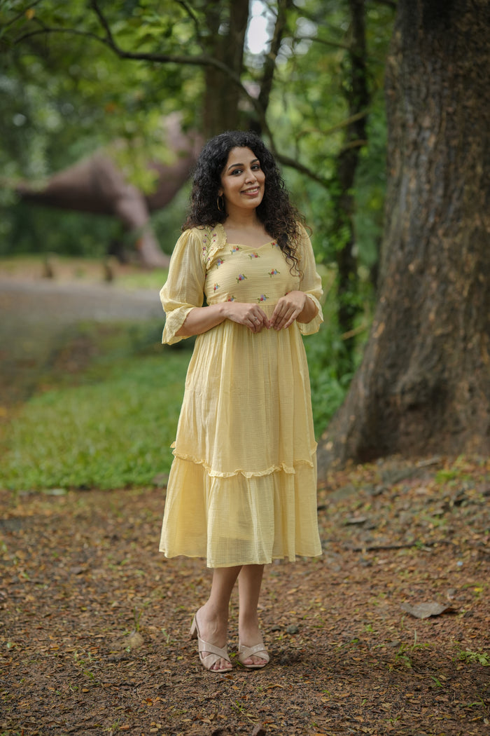 Yellow soft cotton kota checks kurti/dress with multi shaded thread embroidered yoke MBS -641