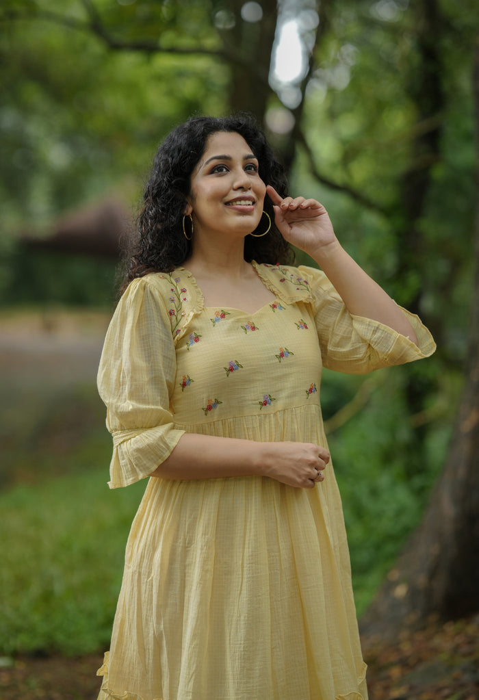 Yellow soft cotton kota checks kurti/dress with multi shaded thread embroidered yoke MBS -641