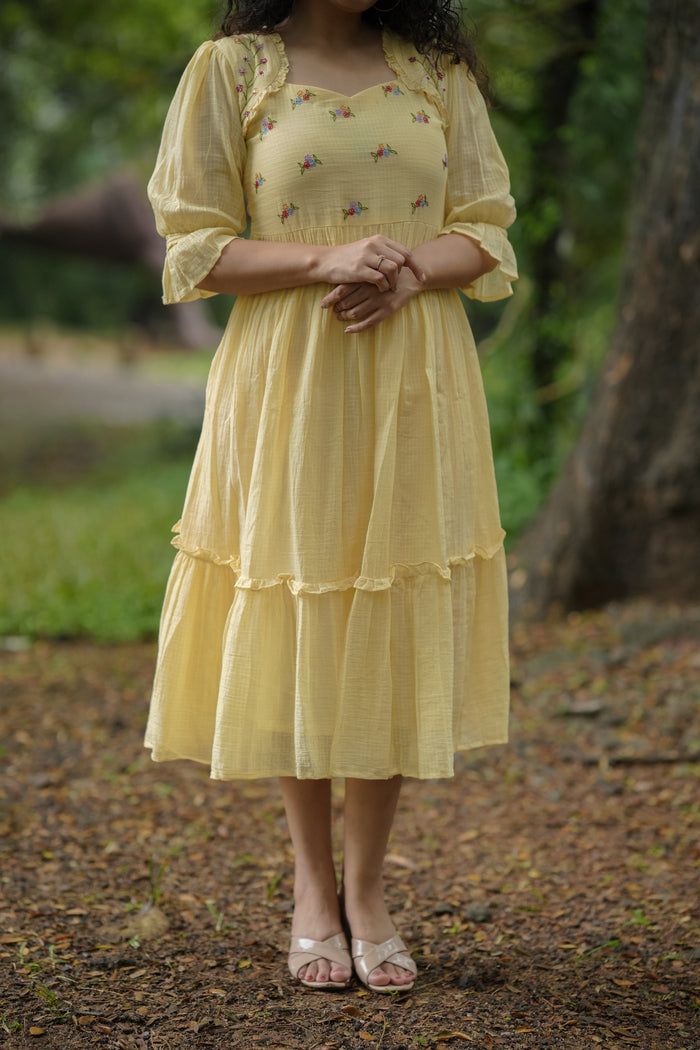 Yellow soft cotton kota checks kurti/dress with multi shaded thread embroidered yoke MBS -641