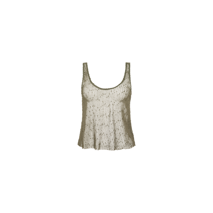 The Zia Tank is a silver metallic mesh knit tank top featuring a scoop neckline and a relaxed fit, shown against a plain white background.